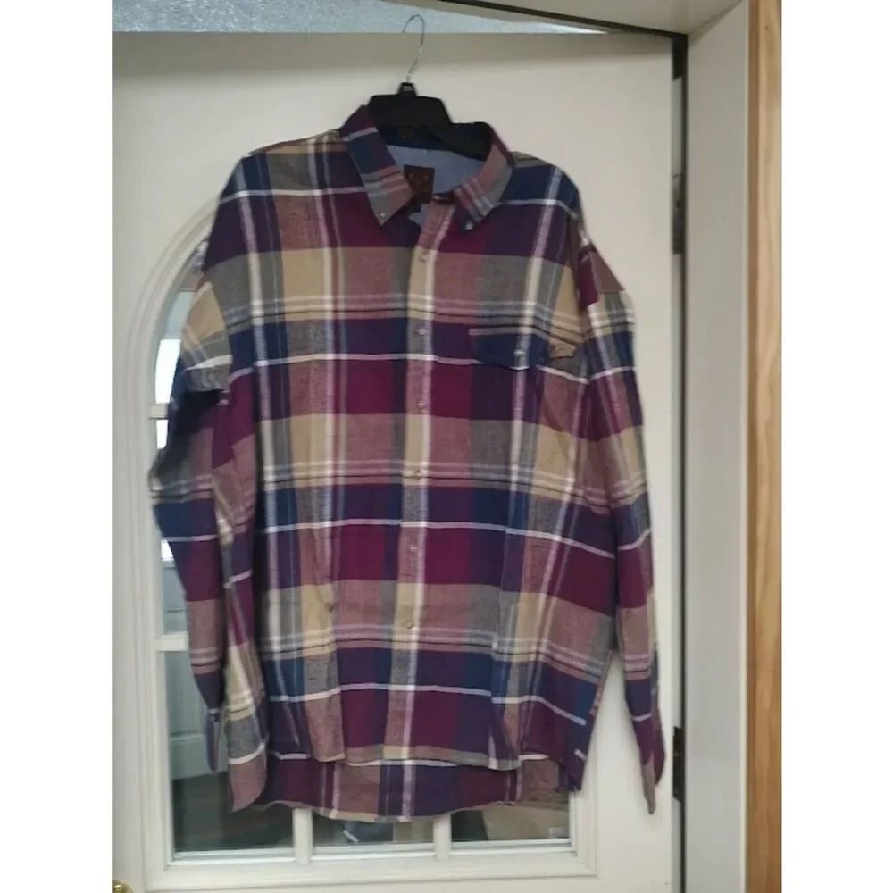 New Haggar Wine Multi-Color Plaid Flannel Shirt Size Men's XL